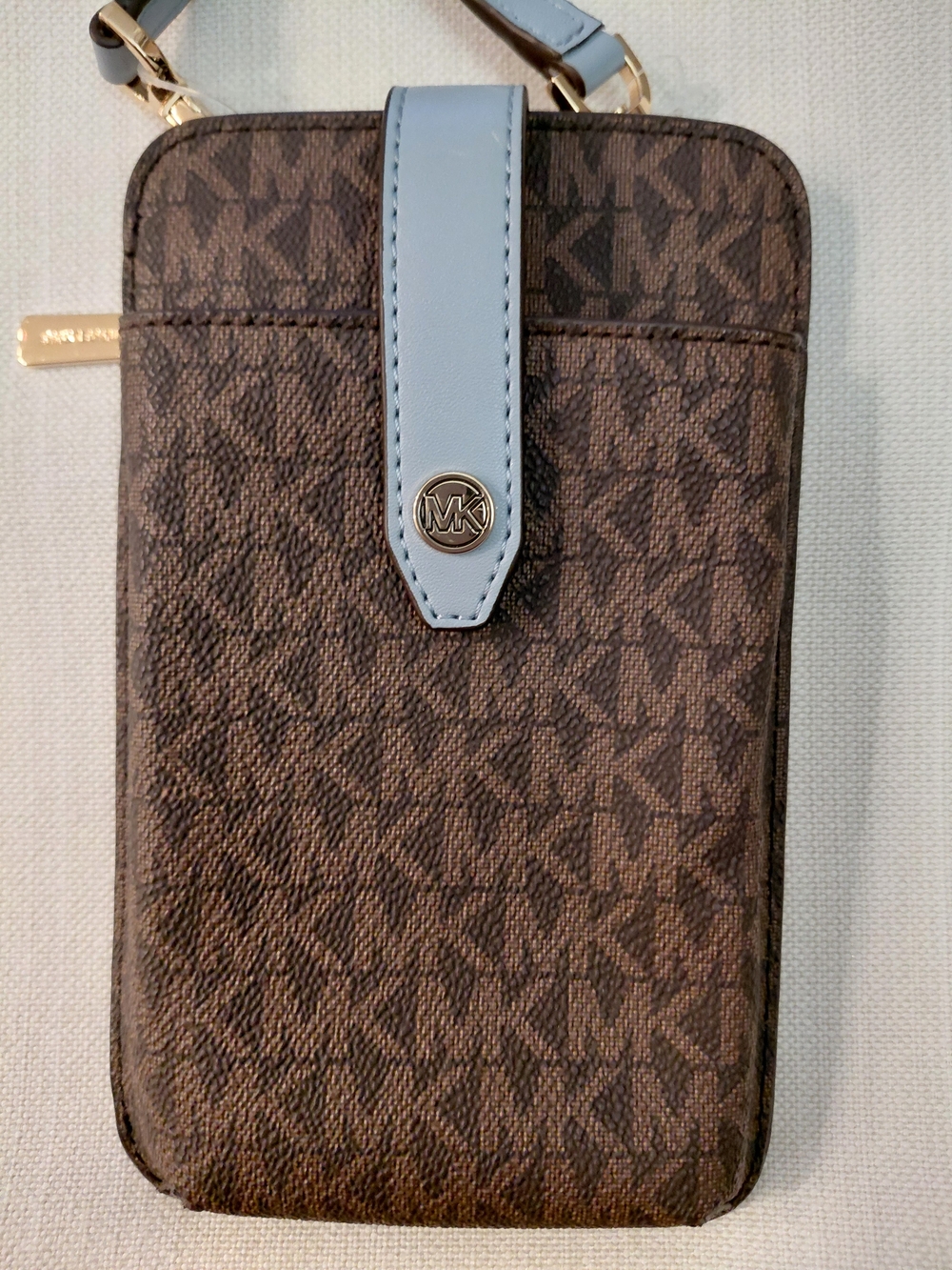 Michael Kors Brown and Light Blue Signature Crossbody Phone Pouch